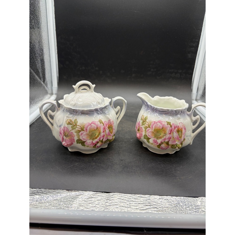 Vintage Germany Porcelain Sugar Bowl and Creamer Set Pink Floral Lusterware